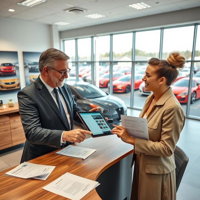 A modern and sleek automotive dealership office interior where a customer is happily interacting with a salesman to change their car registration