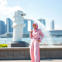 A beautiful Muslim woman wearing a pink hijab and a pink modest outfit, standing in front of the iconic Merlion statue in Singapore