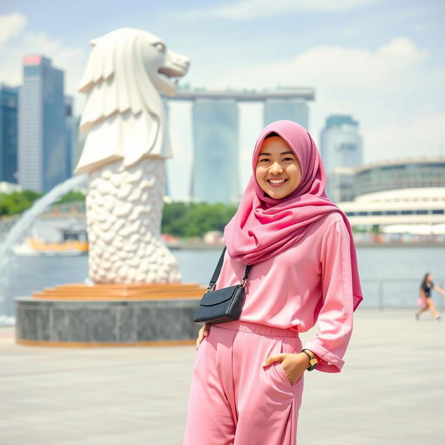 A beautiful Muslim woman wearing a pink hijab and a pink modest outfit, standing in front of the iconic Merlion statue in Singapore