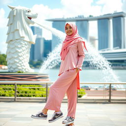 A beautiful Muslim woman wearing a pink hijab and a pink modest outfit, standing in front of the iconic Merlion statue in Singapore