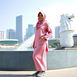 A beautiful Muslim woman wearing a pink hijab and a pink modest outfit, standing in front of the iconic Merlion statue in Singapore