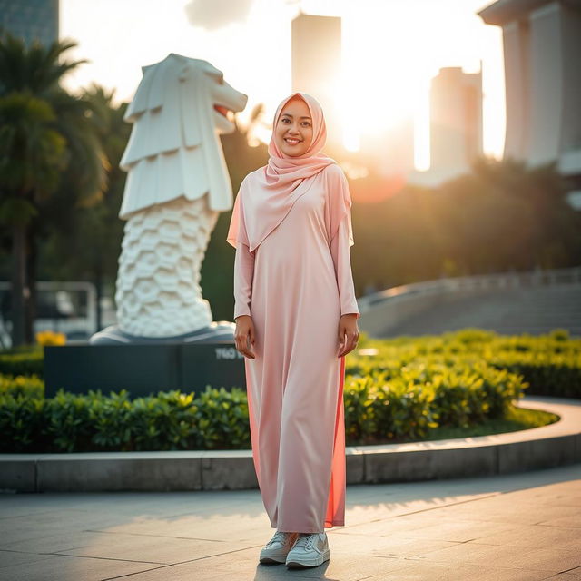 A beautiful Muslim woman in a pink hijab and matching pink long-sleeve Muslim dress, wearing stylish skate shoes, standing confidently in front of the iconic Merlion statue in Singapore