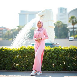 A beautiful Muslim woman in a pink hijab and matching pink long-sleeve Muslim dress, wearing stylish skate shoes, standing confidently in front of the iconic Merlion statue in Singapore
