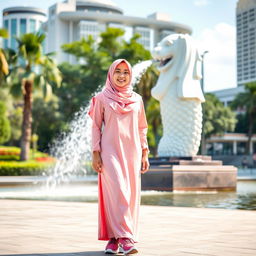 A beautiful Muslim woman in a pink hijab and matching pink long-sleeve Muslim dress, wearing stylish skate shoes, standing confidently in front of the iconic Merlion statue in Singapore