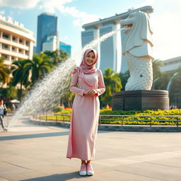A beautiful Muslim woman in a pink hijab and matching pink long-sleeve Muslim dress, wearing stylish skate shoes, standing confidently in front of the iconic Merlion statue in Singapore
