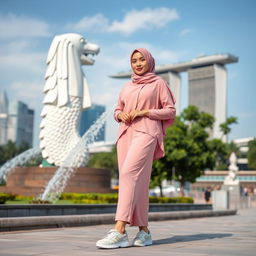 A beautiful Muslim woman wearing a hijab, dressed in a pink hijab outfit, standing in front of the Merlion statue in Singapore