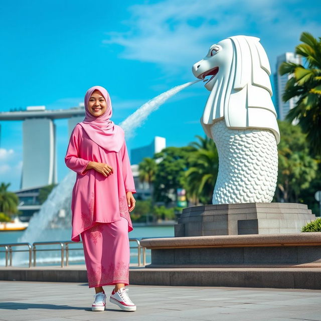 A beautiful Muslim woman wearing a hijab, dressed in a pink hijab outfit, standing in front of the Merlion statue in Singapore