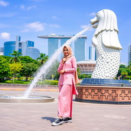 A beautiful Muslim woman wearing a hijab, dressed in a pink hijab outfit, standing in front of the Merlion statue in Singapore