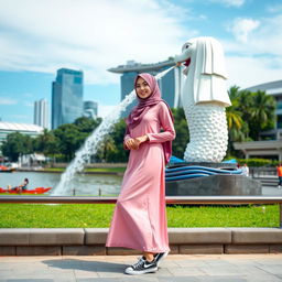A beautiful Muslim woman wearing a hijab, dressed in a pink hijab outfit, standing in front of the Merlion statue in Singapore