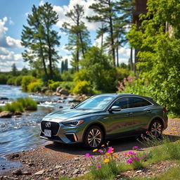 A car parked next to a flowing river, surrounded by lush greenery and vibrant wildflowers