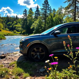 A car parked next to a flowing river, surrounded by lush greenery and vibrant wildflowers
