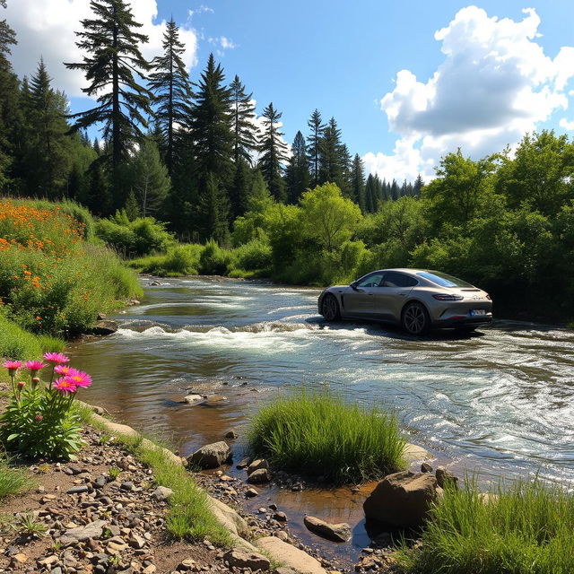 A car parked next to a flowing river, surrounded by lush greenery and vibrant wildflowers