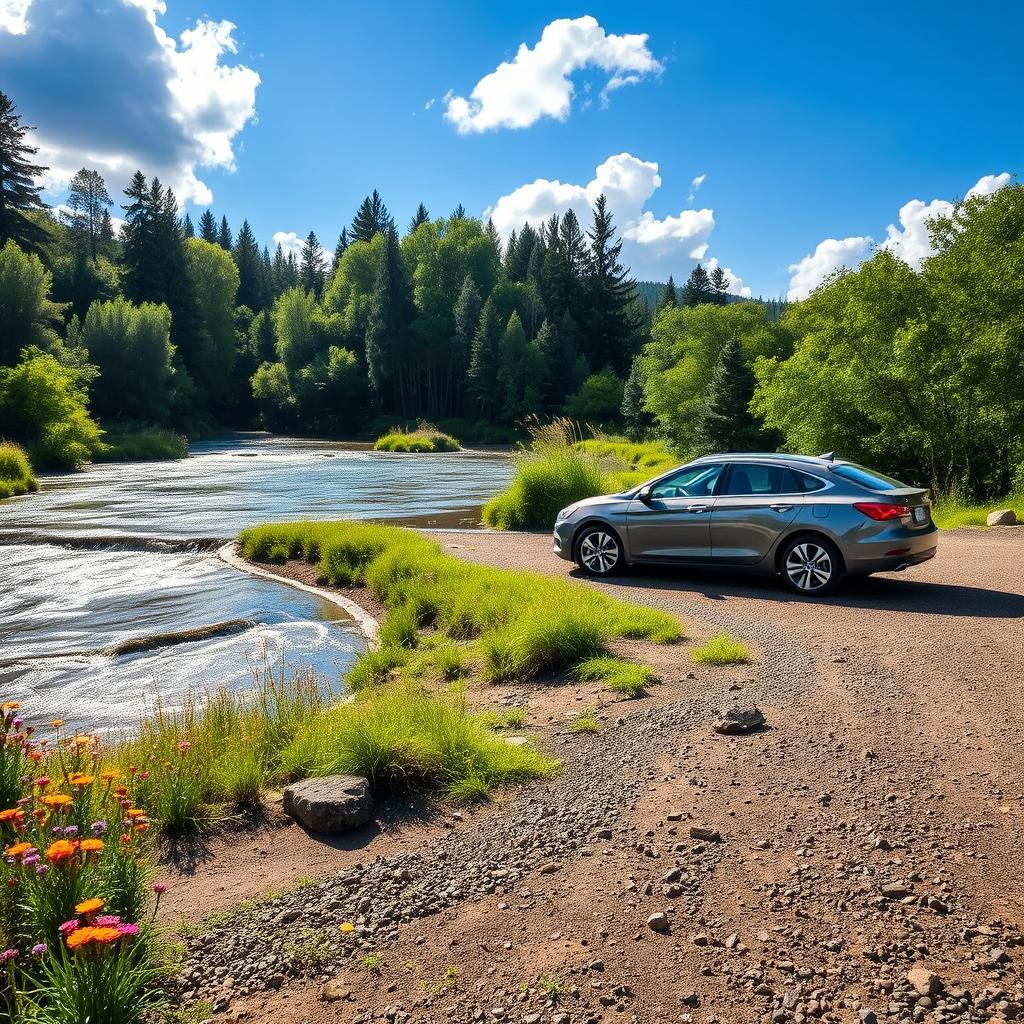 A car parked next to a flowing river, surrounded by lush greenery and vibrant wildflowers