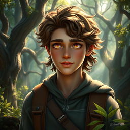 A fantasy book cover featuring a character who is the son of Hephaestus, a slender 17-year-old adolescent