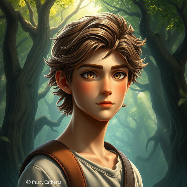 A fantasy book cover featuring a character who is the son of Hephaestus, a slender 17-year-old adolescent