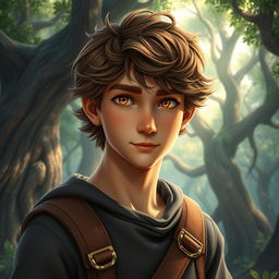 A fantasy book cover featuring a character who is the son of Hephaestus, a slender 17-year-old adolescent