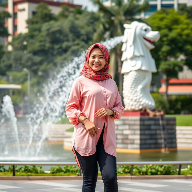 A beautiful Muslim woman wearing a colorful hijab adorned with delicate patterns, dressed in a stylish pink Muslim shirt that flows elegantly, paired with trendy skate shoes, standing confidently in front of the iconic Singapore Merlion statue