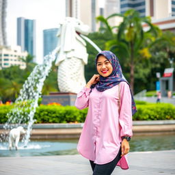 A beautiful Muslim woman wearing a colorful hijab adorned with delicate patterns, dressed in a stylish pink Muslim shirt that flows elegantly, paired with trendy skate shoes, standing confidently in front of the iconic Singapore Merlion statue