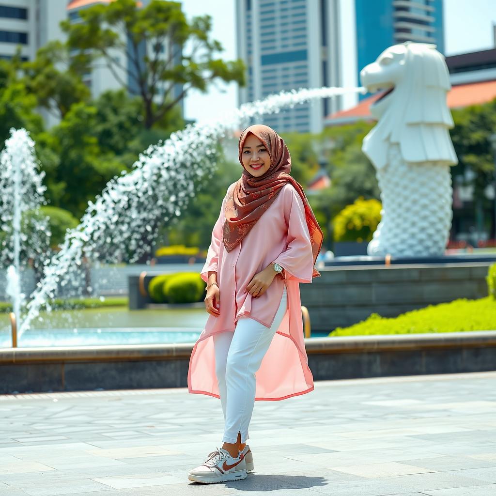 A beautiful Muslim woman wearing a colorful hijab adorned with delicate patterns, dressed in a stylish pink Muslim shirt that flows elegantly, paired with trendy skate shoes, standing confidently in front of the iconic Singapore Merlion statue