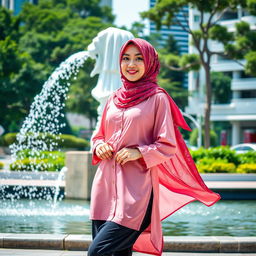 A beautiful Muslim woman wearing a colorful hijab adorned with delicate patterns, dressed in a stylish pink Muslim shirt that flows elegantly, paired with trendy skate shoes, standing confidently in front of the iconic Singapore Merlion statue