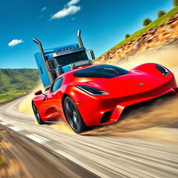 A thrilling race scene depicting a sleek, modern sports car speeding alongside a large, powerful truck on a winding road