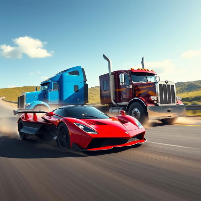 A thrilling race scene depicting a sleek, modern sports car speeding alongside a large, powerful truck on a winding road