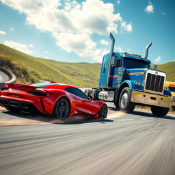 A thrilling race scene depicting a sleek, modern sports car speeding alongside a large, powerful truck on a winding road