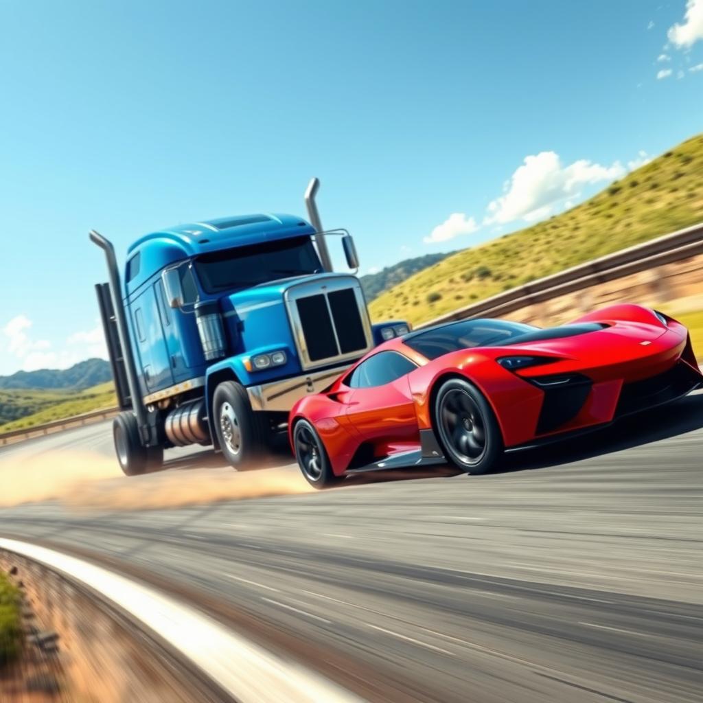 A thrilling race scene depicting a sleek, modern sports car speeding alongside a large, powerful truck on a winding road