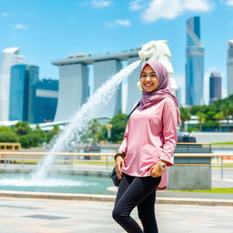 A beautiful Muslim woman wearing a hijab, dressed in a stylish pink Muslim shirt, and sporting trendy skate shoes