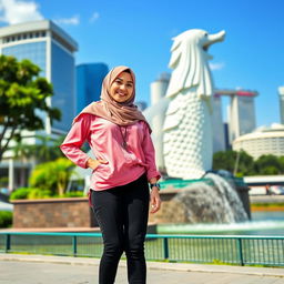 A beautiful Muslim woman wearing a hijab, dressed in a stylish pink Muslim shirt, and sporting trendy skate shoes