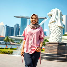 A beautiful Muslim woman wearing a hijab, dressed in a stylish pink Muslim shirt, and sporting trendy skate shoes