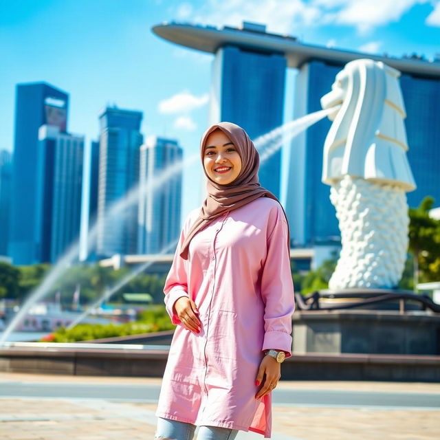 A beautiful Muslim woman wearing a hijab, dressed in a stylish pink Muslim shirt, and sporting trendy skate shoes