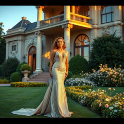 A stunning woman standing gracefully next to an opulent mansion, dressed in an elegant evening gown that shimmers in the light