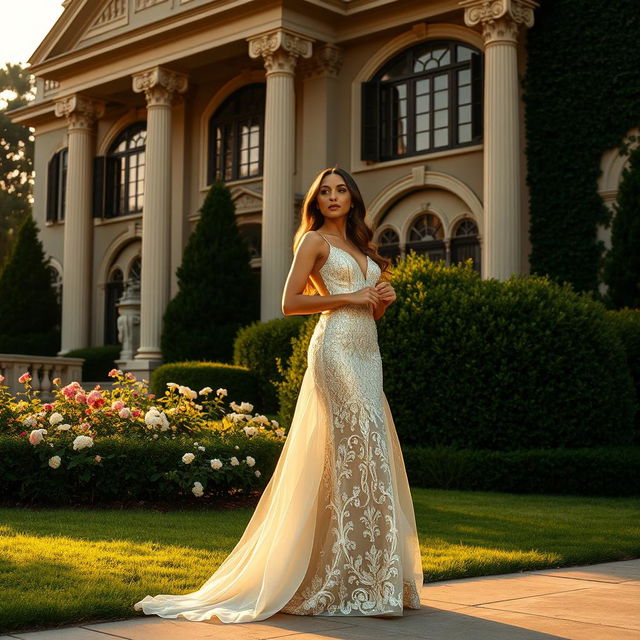 A stunning woman standing gracefully next to an opulent mansion, dressed in an elegant evening gown that shimmers in the light