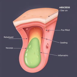 A detailed and realistic medical illustration of an abscess, showing the outer skin layer, the pus-filled cavity beneath, and any surrounding inflammation