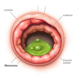 A detailed and realistic medical illustration of an abscess, showing the outer skin layer, the pus-filled cavity beneath, and any surrounding inflammation