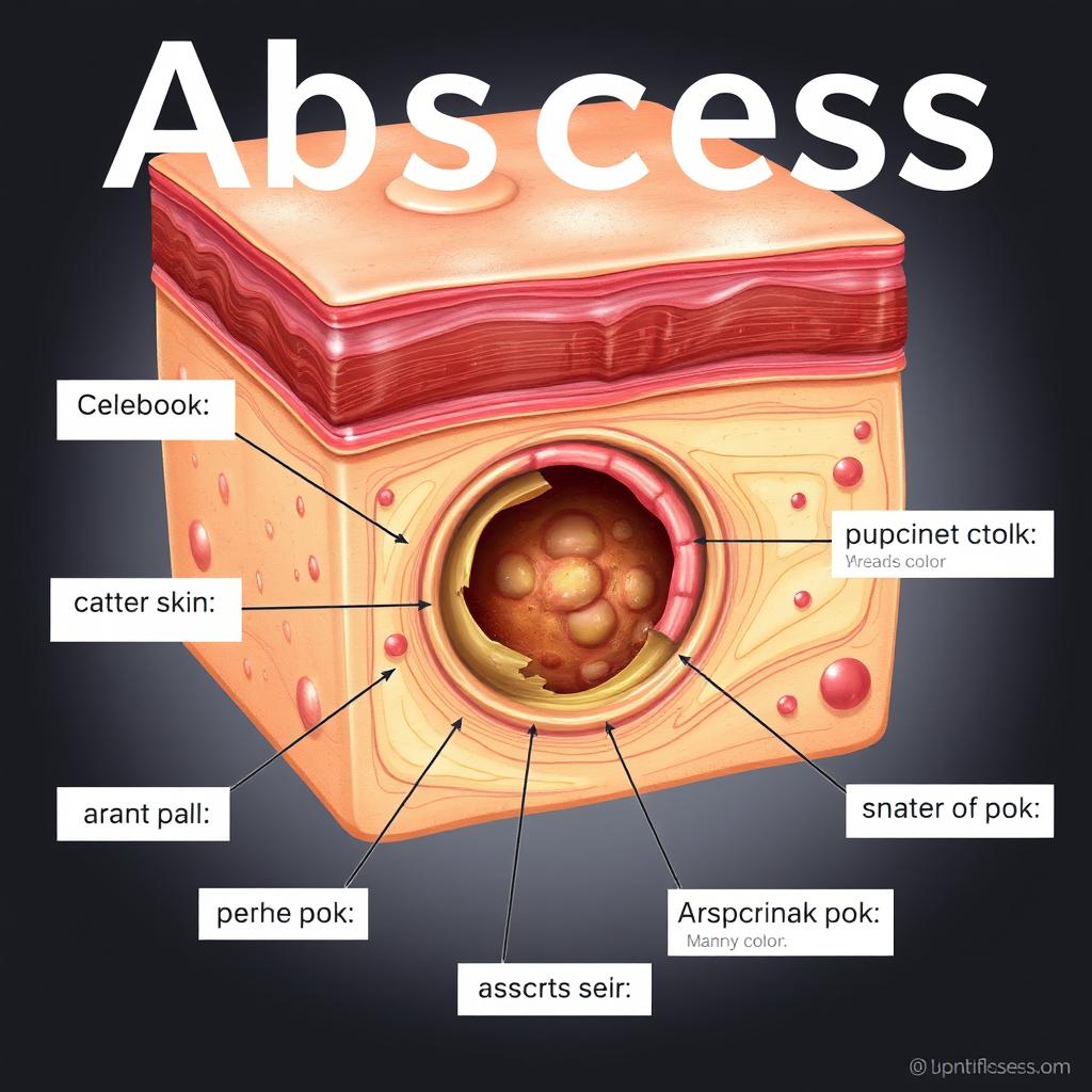 A detailed and realistic medical illustration of an abscess, showing the outer skin layer, the pus-filled cavity beneath, and any surrounding inflammation