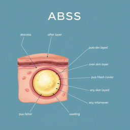 A detailed and realistic medical illustration of an abscess, showing the outer skin layer, the pus-filled cavity beneath, and any surrounding inflammation