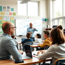 A bald, elderly man wearing glasses, energetically teaching a technology and work class to a group of attentive school students in a bright, modern classroom filled with educational posters and tech gadgets