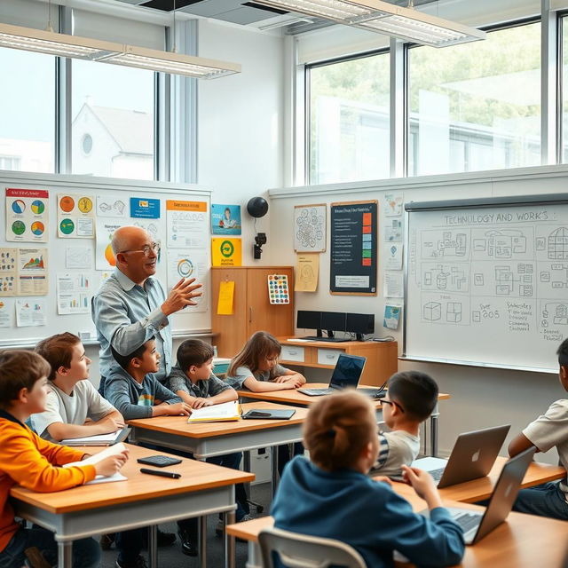 A bald, elderly man wearing glasses, energetically teaching a technology and work class to a group of attentive school students in a bright, modern classroom filled with educational posters and tech gadgets