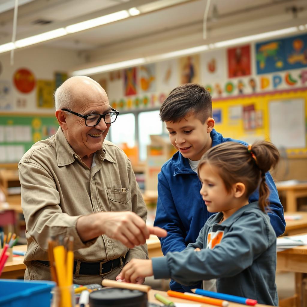 An elderly bald man wearing glasses engaging with a school student in a school workshop