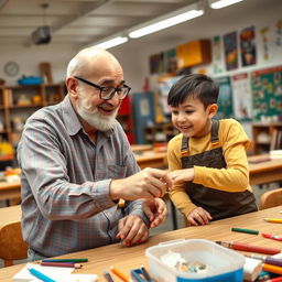 An elderly bald man wearing glasses engaging with a school student in a school workshop