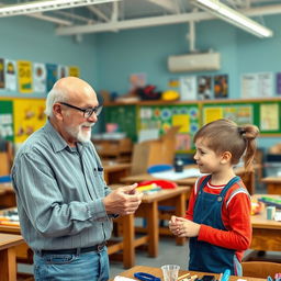 An elderly bald man wearing glasses engaging with a school student in a school workshop