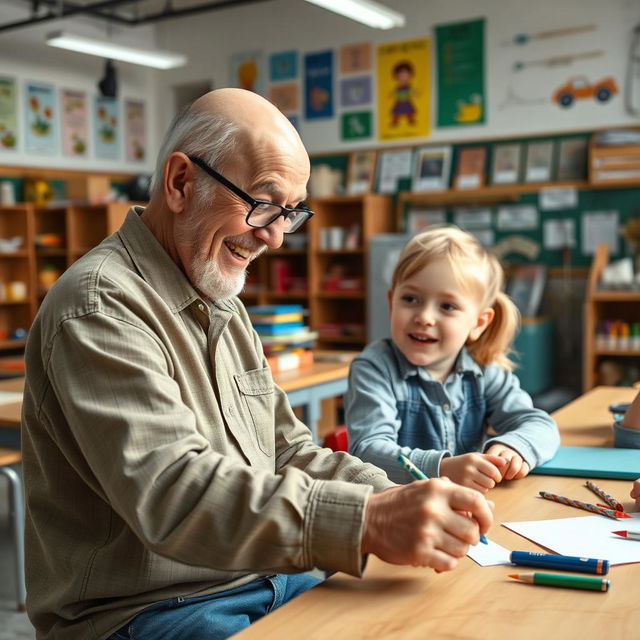 An elderly bald man wearing glasses engaging with a school student in a school workshop