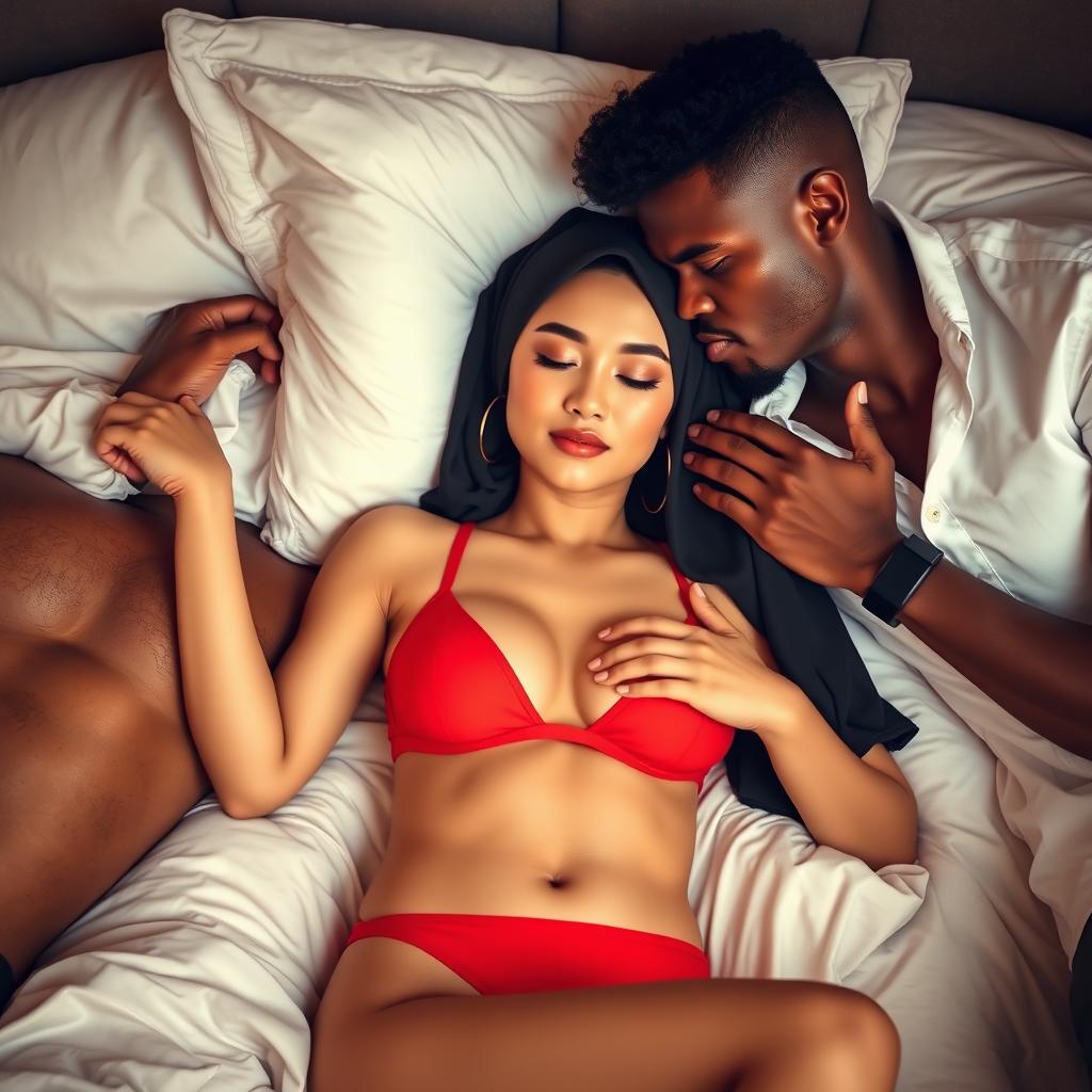 A beautiful Chinese woman in a stylish hijab, lying on a luxurious bed with two attractive Black men