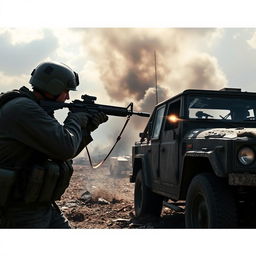 A soldier aiming and shooting at a vehicle in a war zone, showcasing a tense military scene