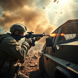 A soldier aiming and shooting at a vehicle in a war zone, showcasing a tense military scene