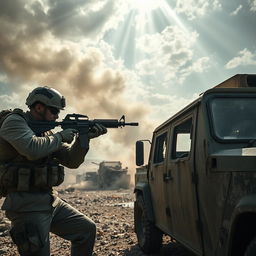 A soldier aiming and shooting at a vehicle in a war zone, showcasing a tense military scene