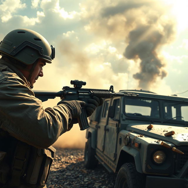 A soldier aiming and shooting at a vehicle in a war zone, showcasing a tense military scene