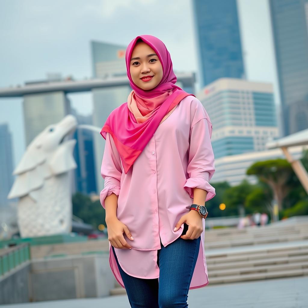 A beautiful Korean woman wearing a colorful hijab and a stylish pink Muslim shirt, paired with trendy skate shoes